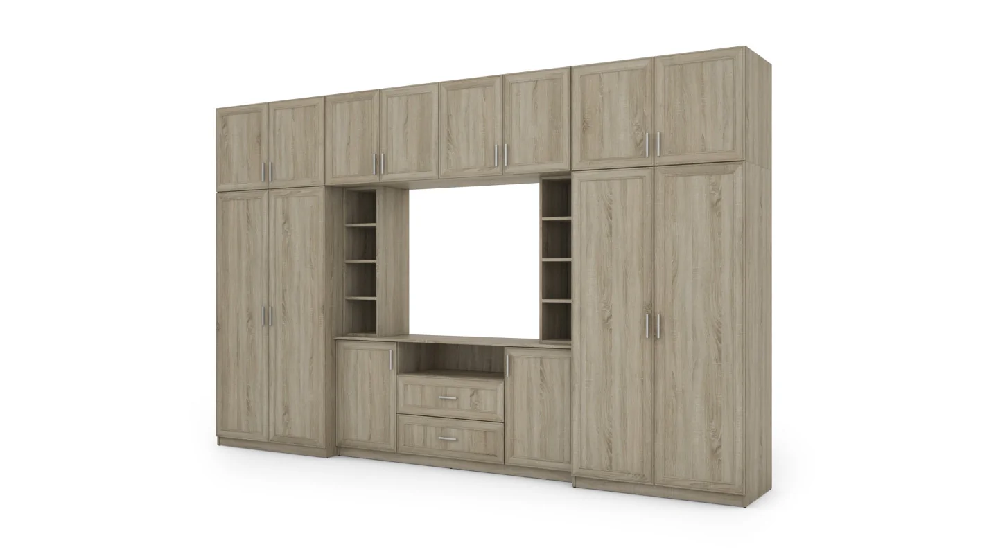 Elegancka meblościanka z szafami i półką RTV 380×240 cm Sonoma Jasna – DAKO