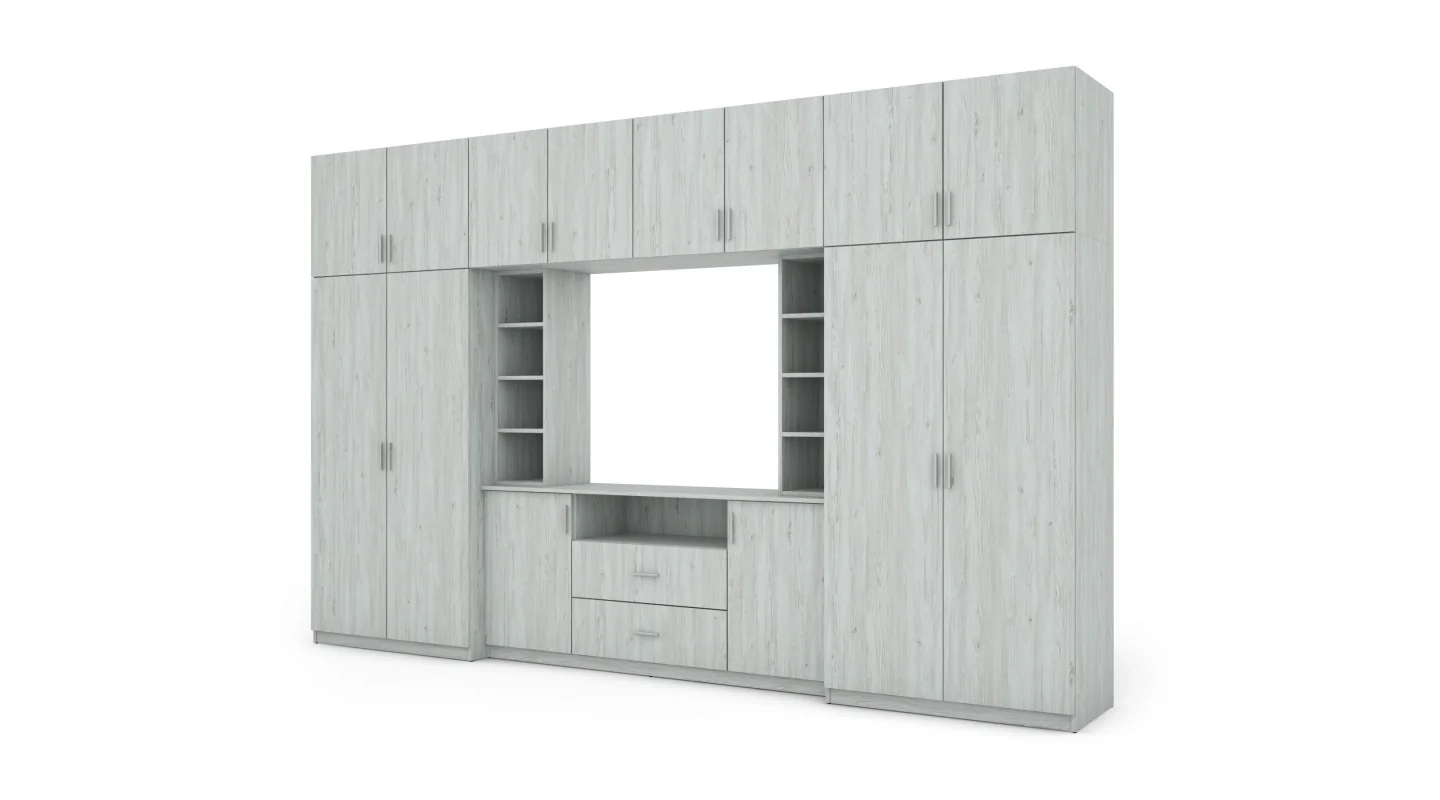 Elegancka meblościanka z szafami i półką RTV 380×240 cm Sosna Anderson – DAKO