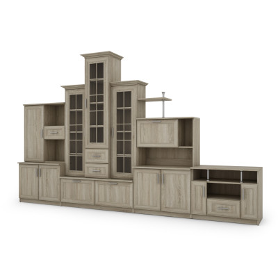 copy of Schrankwand mit Dreifach-Vitrine, Bar, Wäscheschrank, Schubladen, RTV-Schrank - HADES + RTV