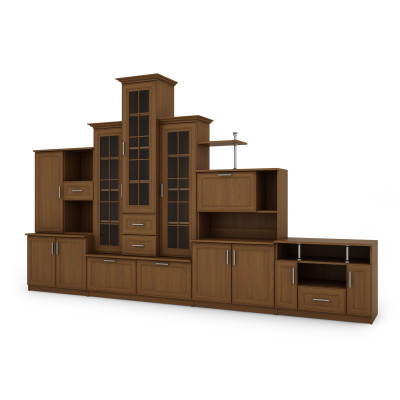 copy of Schrankwand mit Dreifach-Vitrine, Bar, Wäscheschrank, Schubladen, RTV-Schrank - HADES + RTV