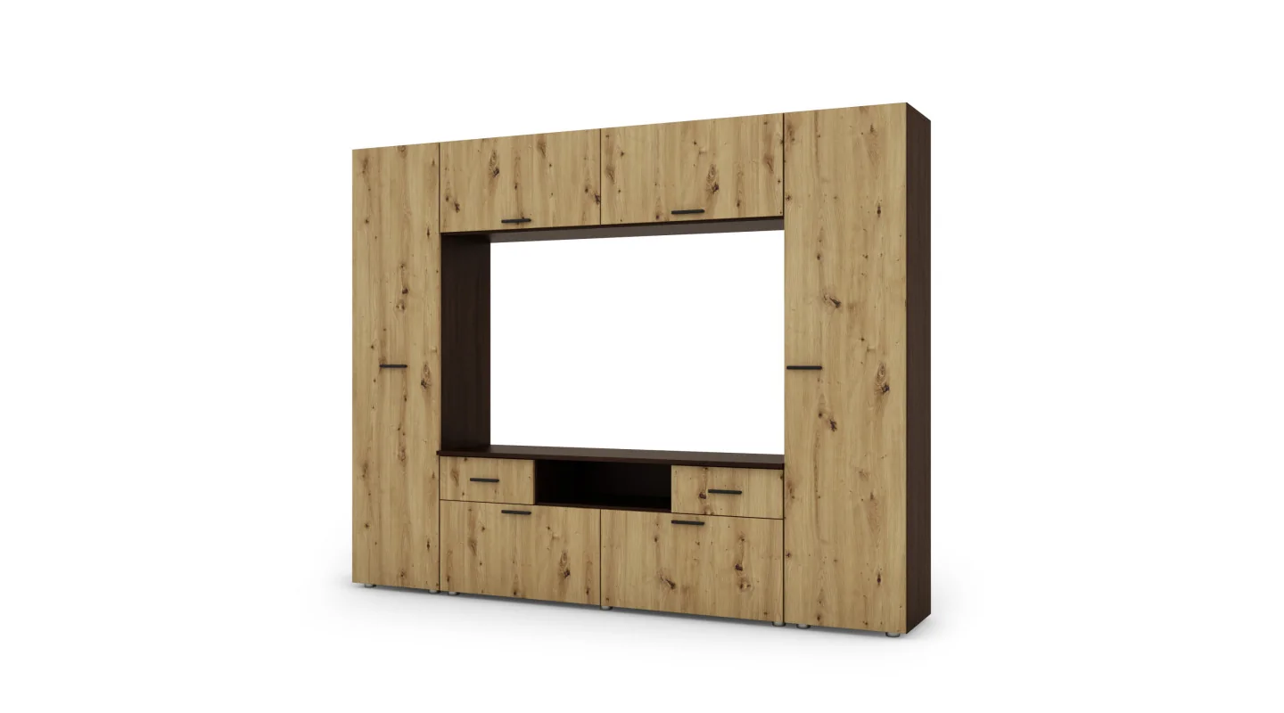 Zabudowana meblościanka z miejscem na telewizor 240×190 cm Sonoma Ciemna / Dąb Artisan – PLUTON