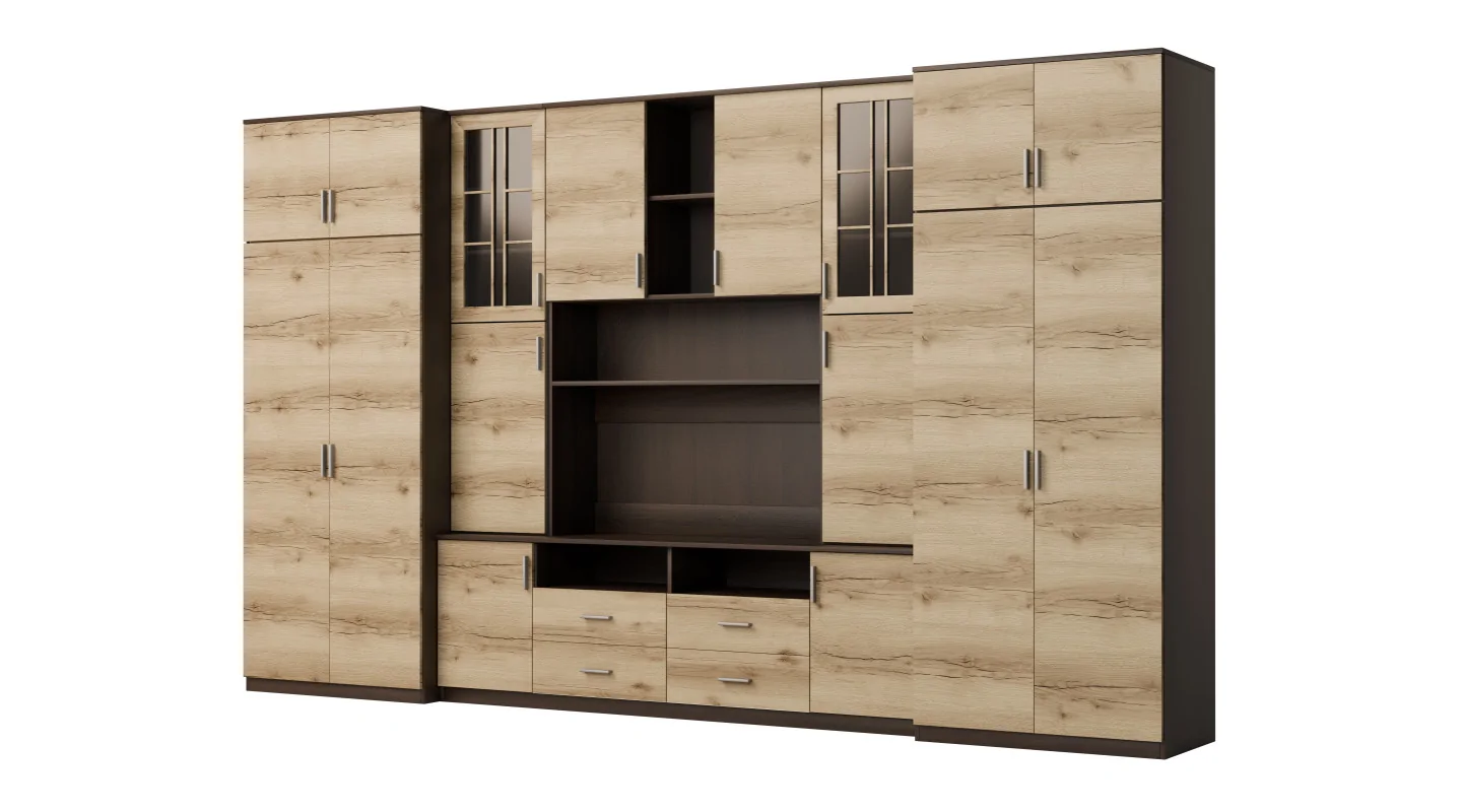 Duża meblościanka z pojemnymi szafami na ubrania i witrynami 390×232 cm Sonoma Ciemna / Dąb Grand Naturalny – SAWA