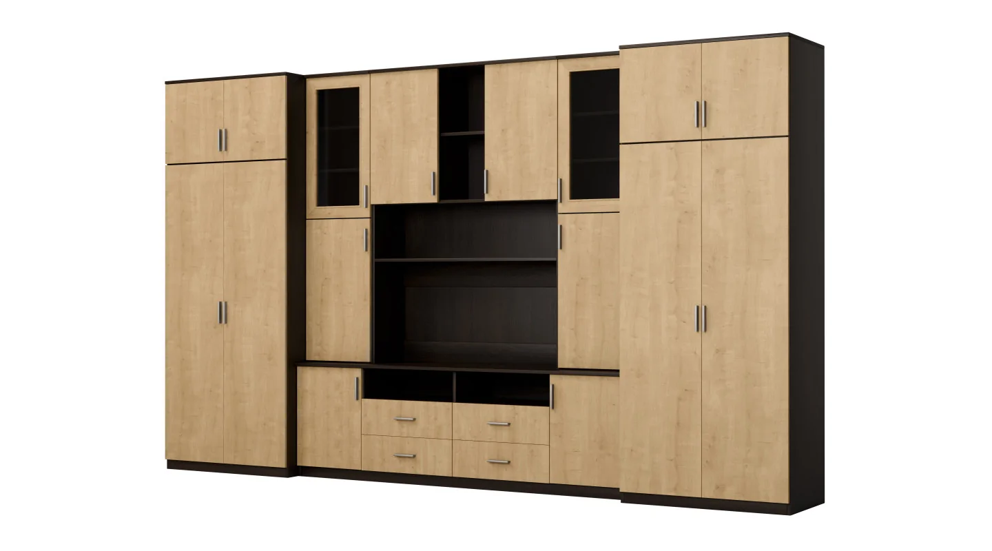 Duża meblościanka z pojemnymi szafami na ubrania i witrynami 390×232 cm Sonoma Ciemna / Dąb Hamilton – SAWA Duża meblościanka z pojemnymi szafami na ubrania i witrynami 390×232 cm Sonoma Ciemna / Dąb Hamilton – SAWA