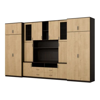 Duża meblościanka z pojemnymi szafami na ubrania i witrynami 390×232 cm Sonoma Ciemna / Dąb Hamilton – SAWA