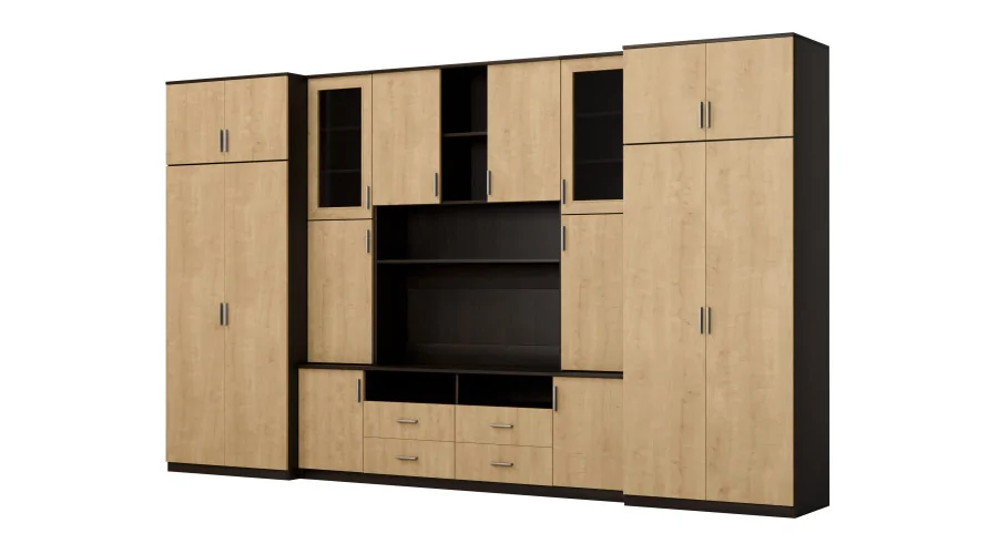 Duża meblościanka z pojemnymi szafami na ubrania i witrynami 390×232 cm Sonoma Ciemna / Dąb Hamilton – SAWA Duża meblościanka z pojemnymi szafami na ubrania i witrynami 390×232 cm Sonoma Ciemna / Dąb Hamilton – SAWA