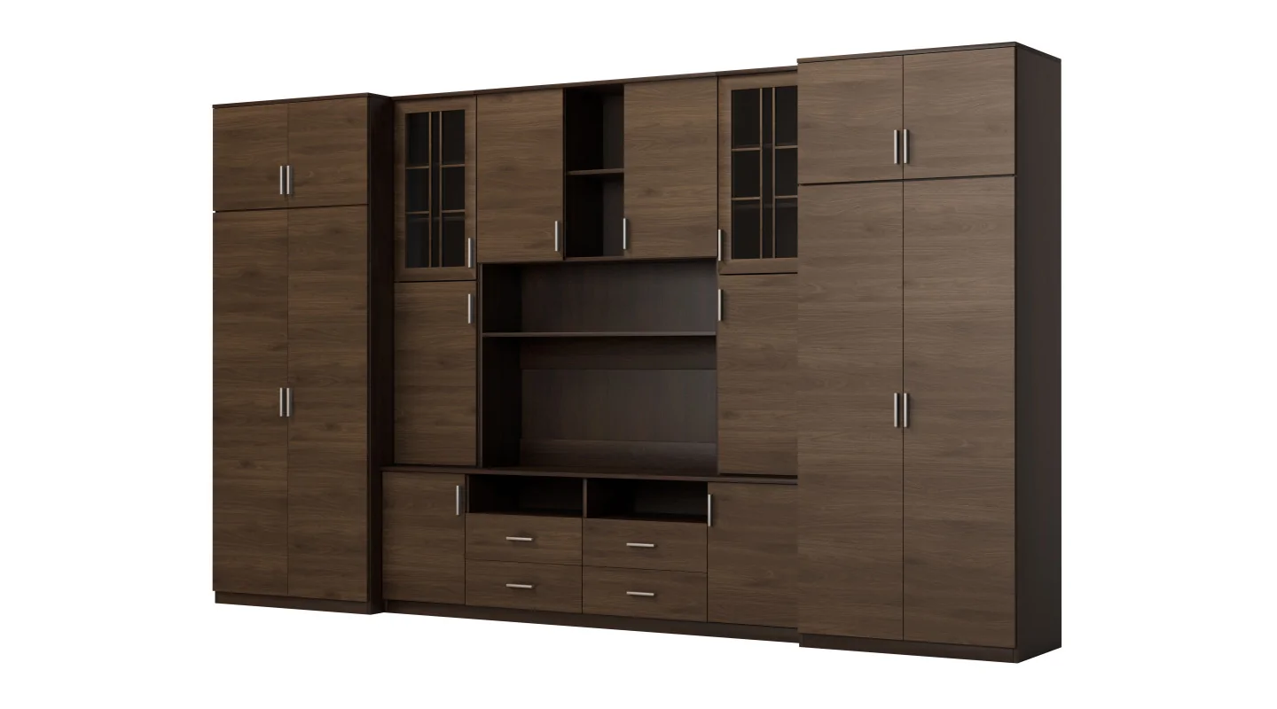 Duża meblościanka z pojemnymi szafami na ubrania i witrynami 390×232 cm Sonoma Ciemna / Orzech Okapi – SAWA