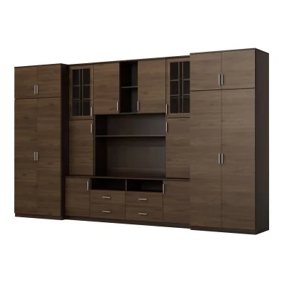 Duża meblościanka z pojemnymi szafami na ubrania i witrynami 390×232 cm Sonoma Ciemna / Orzech Okapi – SAWA