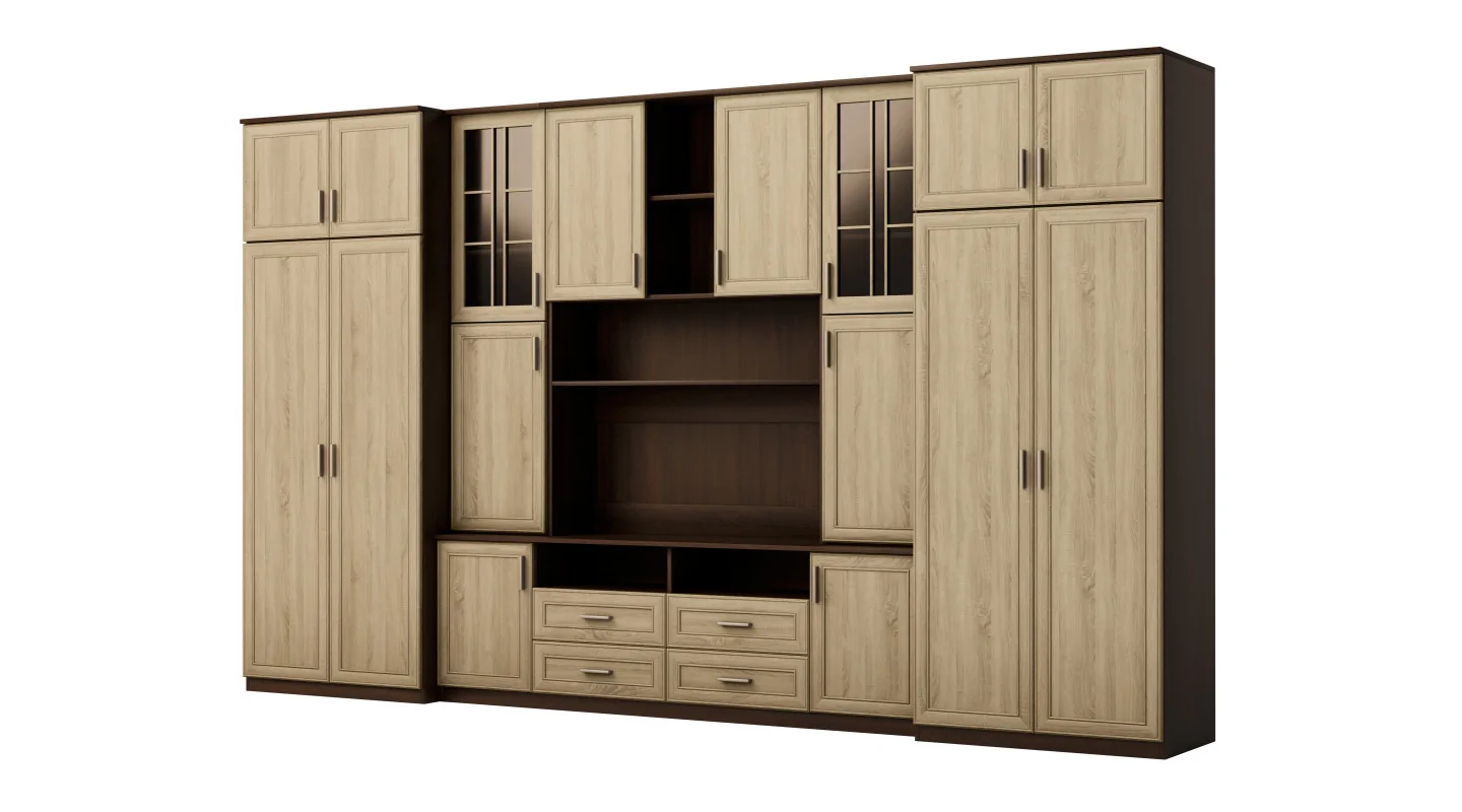 Duża meblościanka z pojemnymi szafami na ubrania i witrynami 390×232 cm Sonoma Ciemna / Sonoma Jasna – SAWA