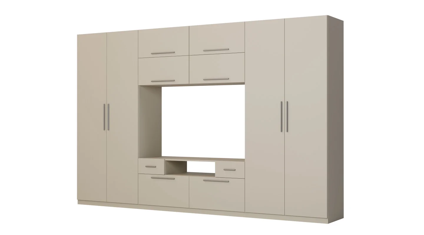 Nowoczesna meblościanka z dużymi szafami, półkami, RTV i szufladami 350×227 cm Kaszmirowy Beż – SCANDI