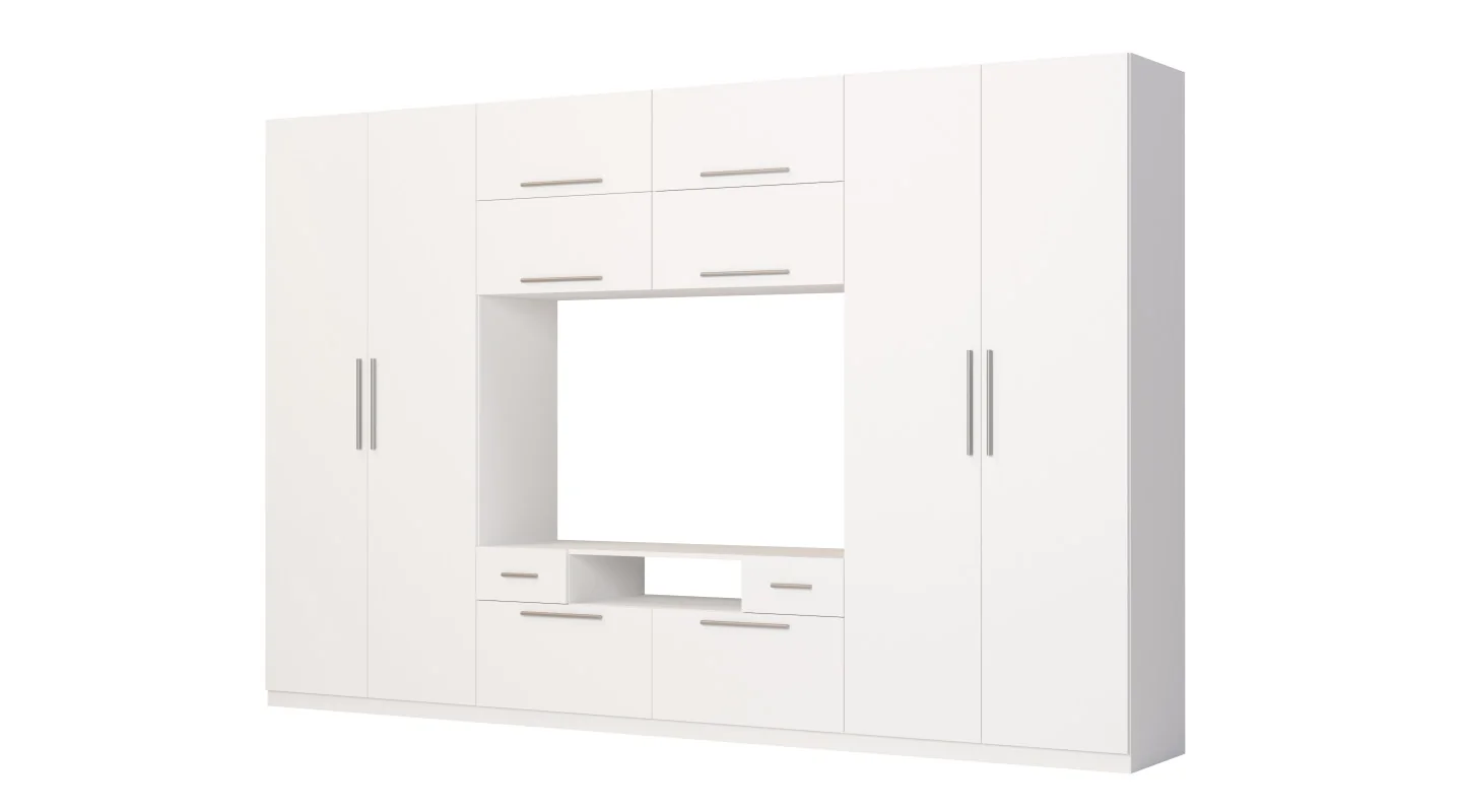 Nowoczesna meblościanka z dużymi szafami, półkami, RTV i szufladami 350×227 cm Biała – SCANDI