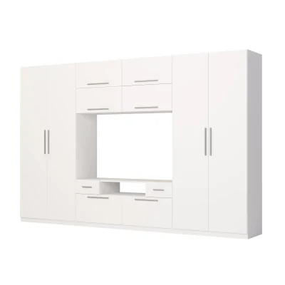Nowoczesna meblościanka z dużymi szafami, półkami, RTV i szufladami 350×227 cm Biała – SCANDI