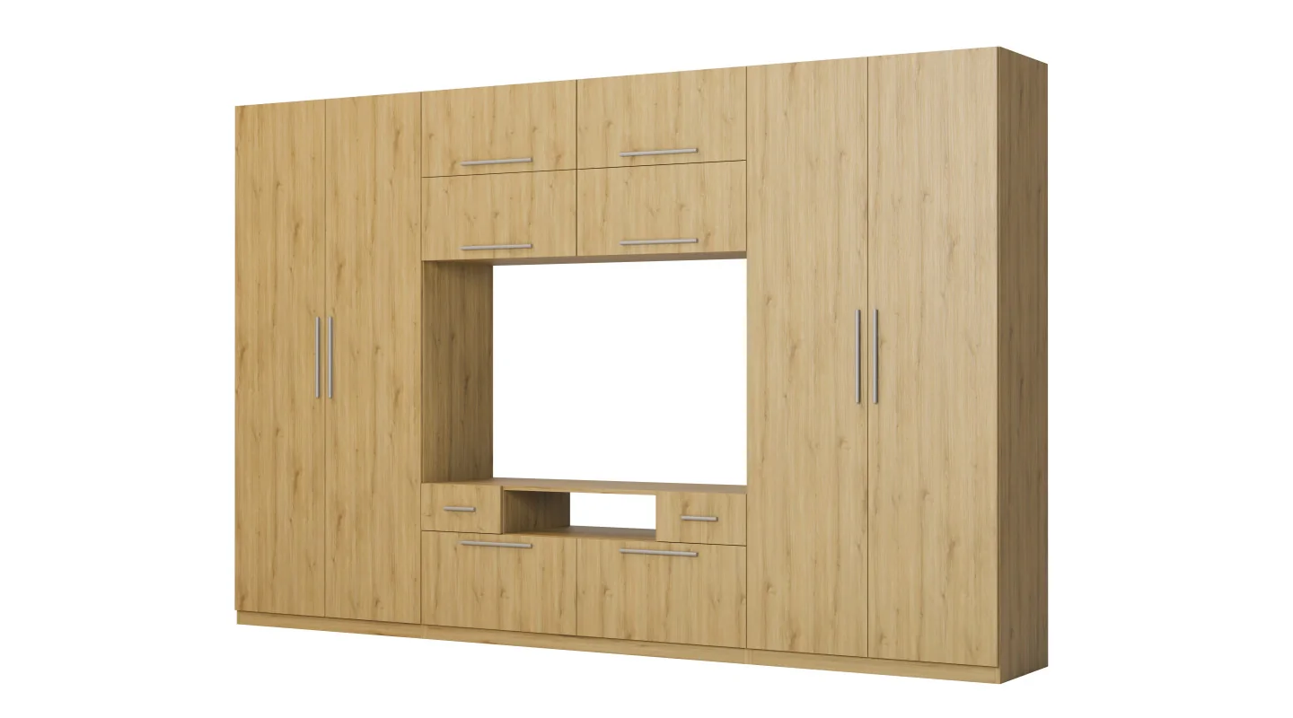 Nowoczesna meblościanka z dużymi szafami, półkami, RTV i szufladami 350×227 cm Dąb Carpenter Whisky – SCANDI