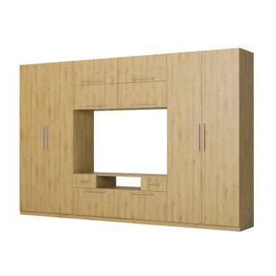 Nowoczesna meblościanka z dużymi szafami, półkami, RTV i szufladami 350×227 cm Dąb Carpenter Whisky – SCANDI