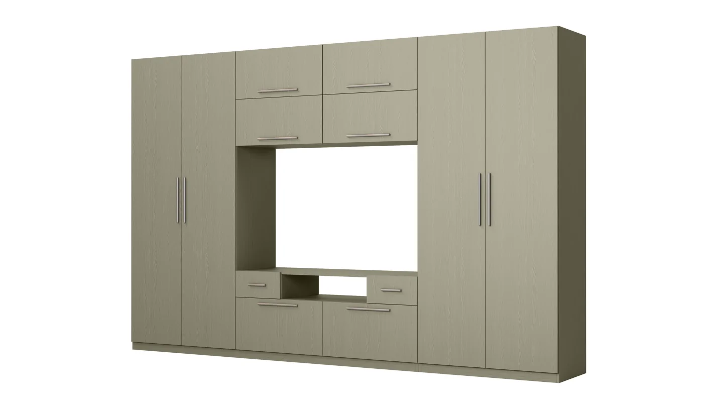 Nowoczesna meblościanka z dużymi szafami, półkami, RTV i szufladami 350×227 cm Eukaliptus – SCANDI