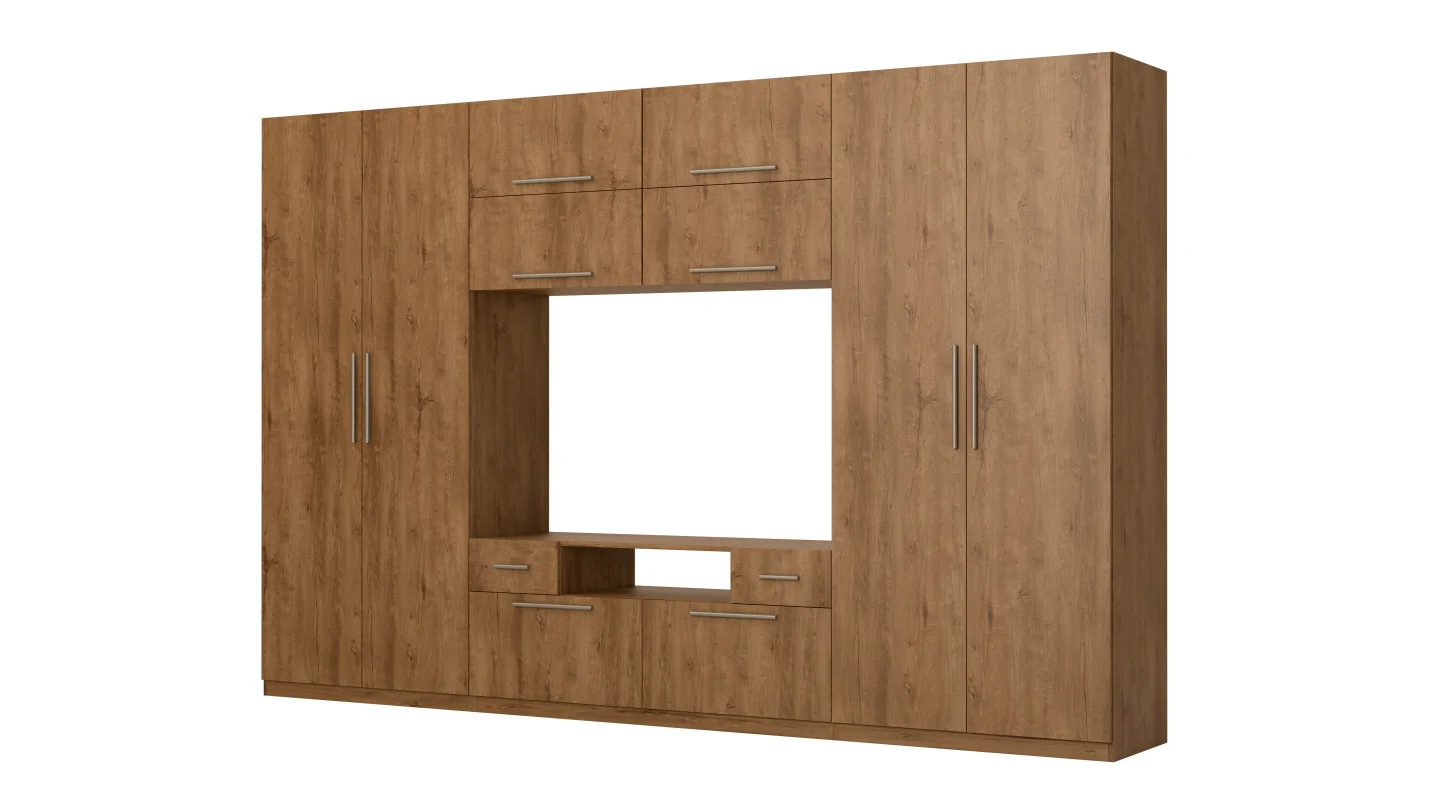 Nowoczesna meblościanka z dużymi szafami, półkami, RTV i szufladami 350×227 cm Dąb Lefkas – SCANDI