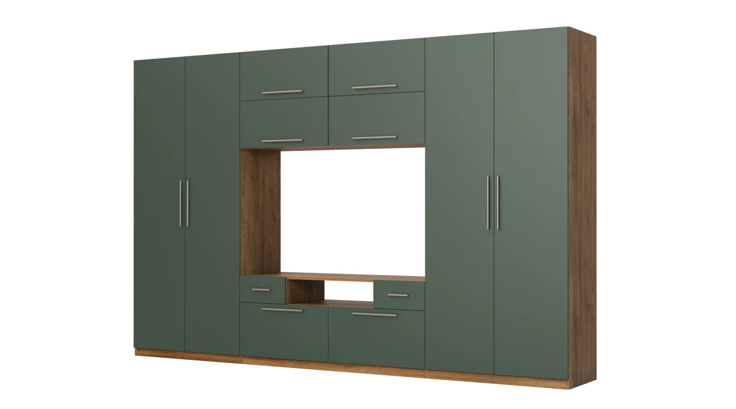 Nowoczesna meblościanka z dużymi szafami, półkami, RTV i szufladami 350×227 cm Dąb Lefkas / Zieleń Butelkowa – SCANDI