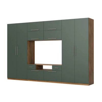 Nowoczesna meblościanka z dużymi szafami, półkami, RTV i szufladami 350×227 cm Dąb Lefkas / Zieleń Butelkowa – SCANDI