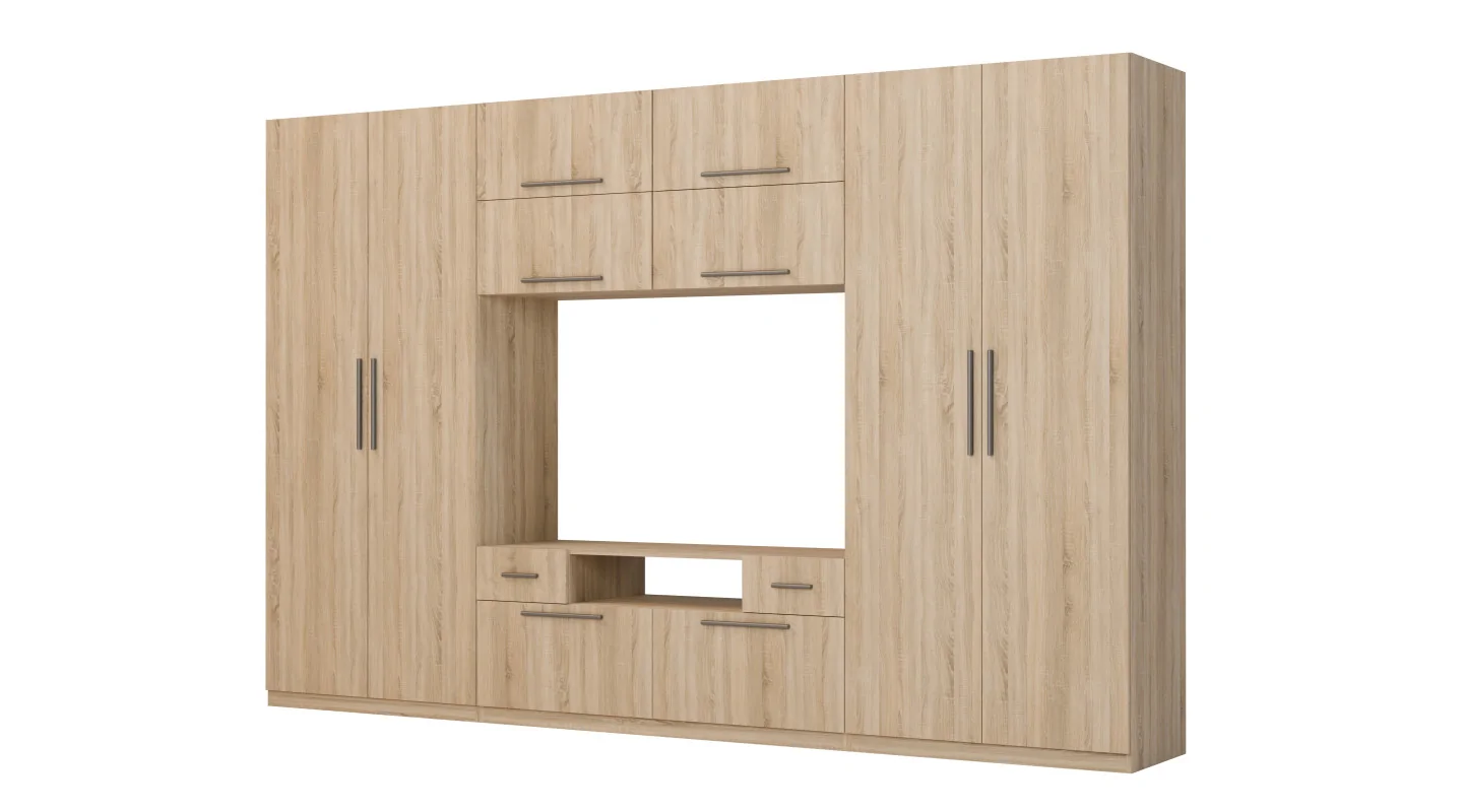 Nowoczesna meblościanka z dużymi szafami, półkami, RTV i szufladami 350×227 cm Sonoma Jasna – SCANDI