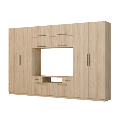 Nowoczesna meblościanka z dużymi szafami, półkami, RTV i szufladami 350×227 cm Sonoma Jasna – SCANDI