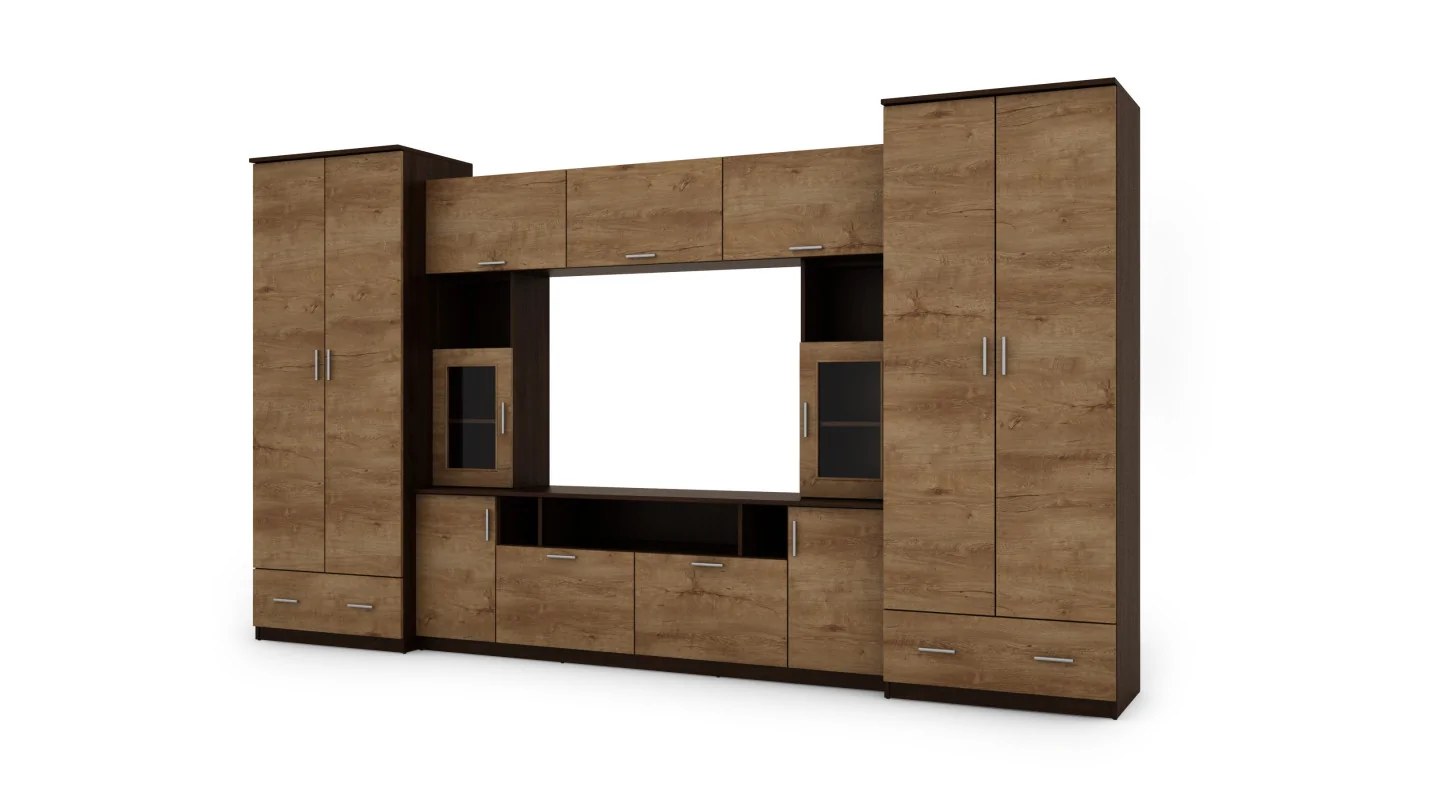 Meblościanka z nadstawkami, dużymi szafami i miejscem na TV 370×210 cm Sonoma Ciemna / Dąb Lefkas – TAJGA
