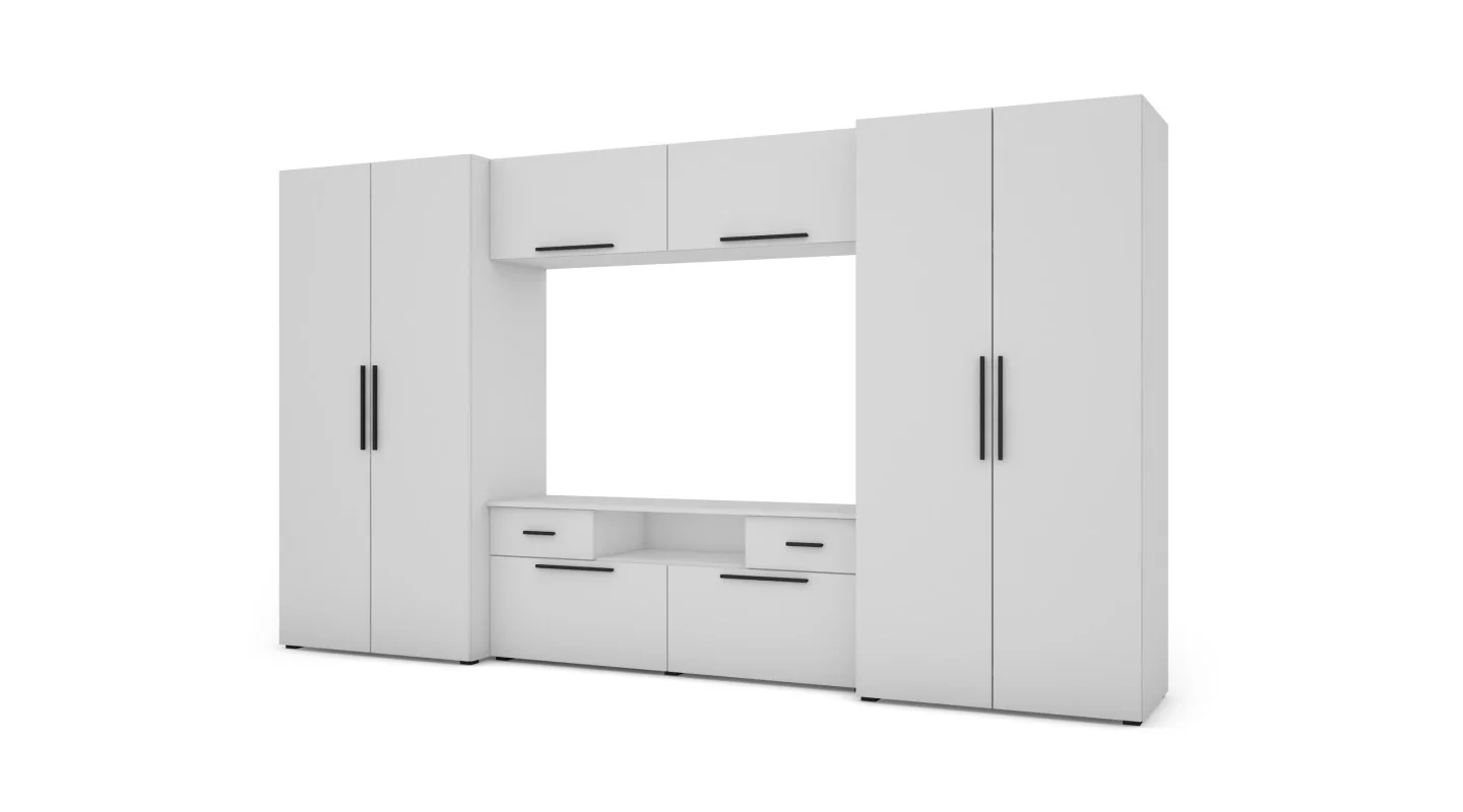 Nowoczesna meblościanka z pojemnymi szafami, RTV, nadstawkami i szafkami 330×189 cm Biel Arktyczna – ZEUS