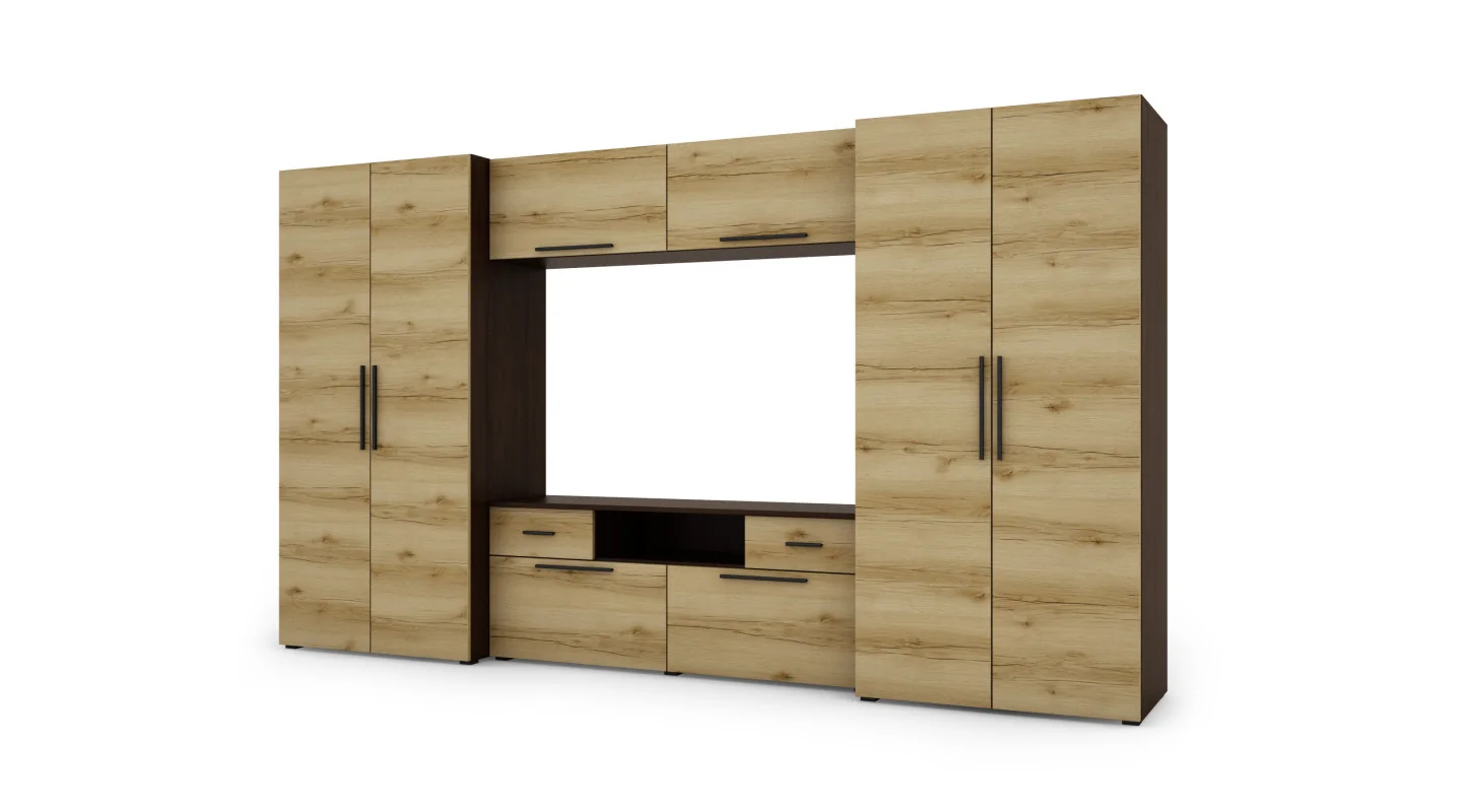 Nowoczesna meblościanka z pojemnymi szafami, RTV i nadstawkami 330×189 cm Sonoma Ciemna / Dąb Grand – ZEUS
