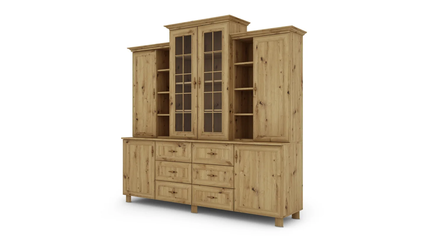 Klasyczna duża witryna z szafkami i szufladami 210 cm Dąb Artisan – Royal