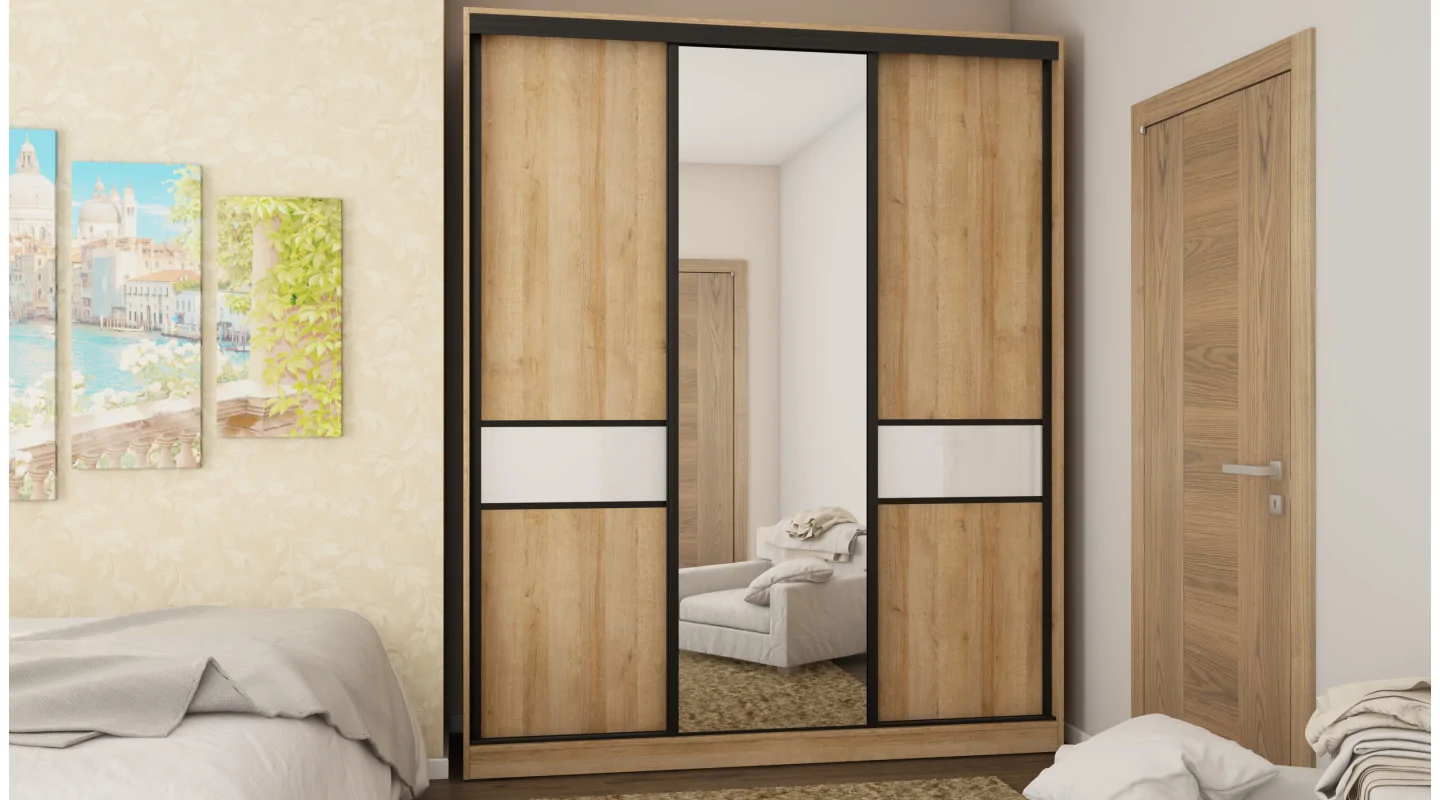 Szafa przesuwna 190x230 cm dąb Riva / biały połysk z lustrem – Calvero | eMeblast