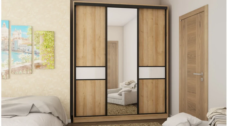 Szafa przesuwna 190x230 cm dąb Riva / biały połysk z lustrem – Calvero | eMeblast