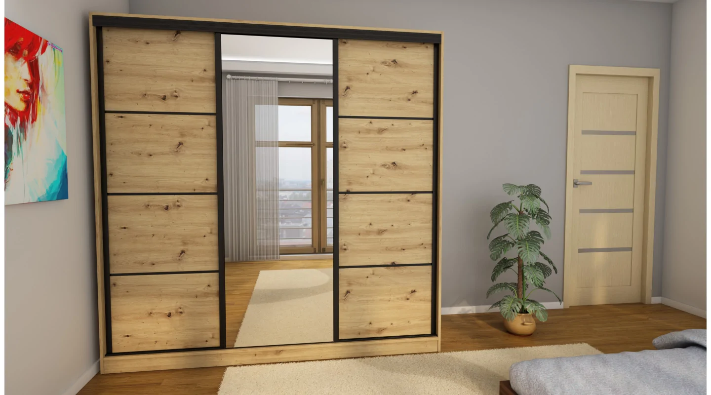 Szafa przesuwna 210x210 cm dąb artisan z lustrem i szufladami – Virello | eMeblast