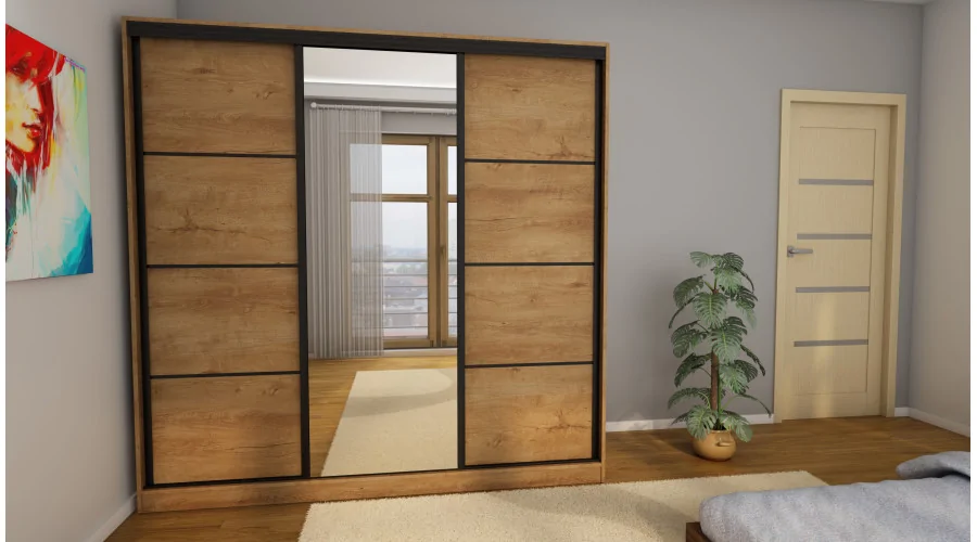 Szafa przesuwna 210x210 cm dąb Lefkas z lustrem i szufladami – Virello | eMeblast