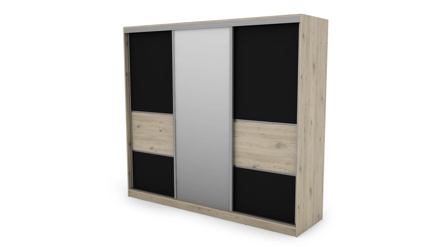 Szafa przesuwna 245x220 cm dąb Bordeaux / czarny z lustrem – Verdino | eMeblast