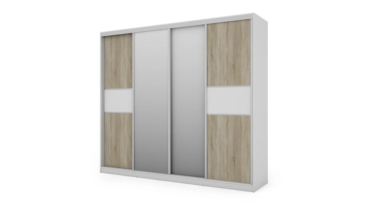 Szafa przesuwna 276x244 cm biała / sonoma jasna z 2 lustrami – Arvenzo | eMeblast