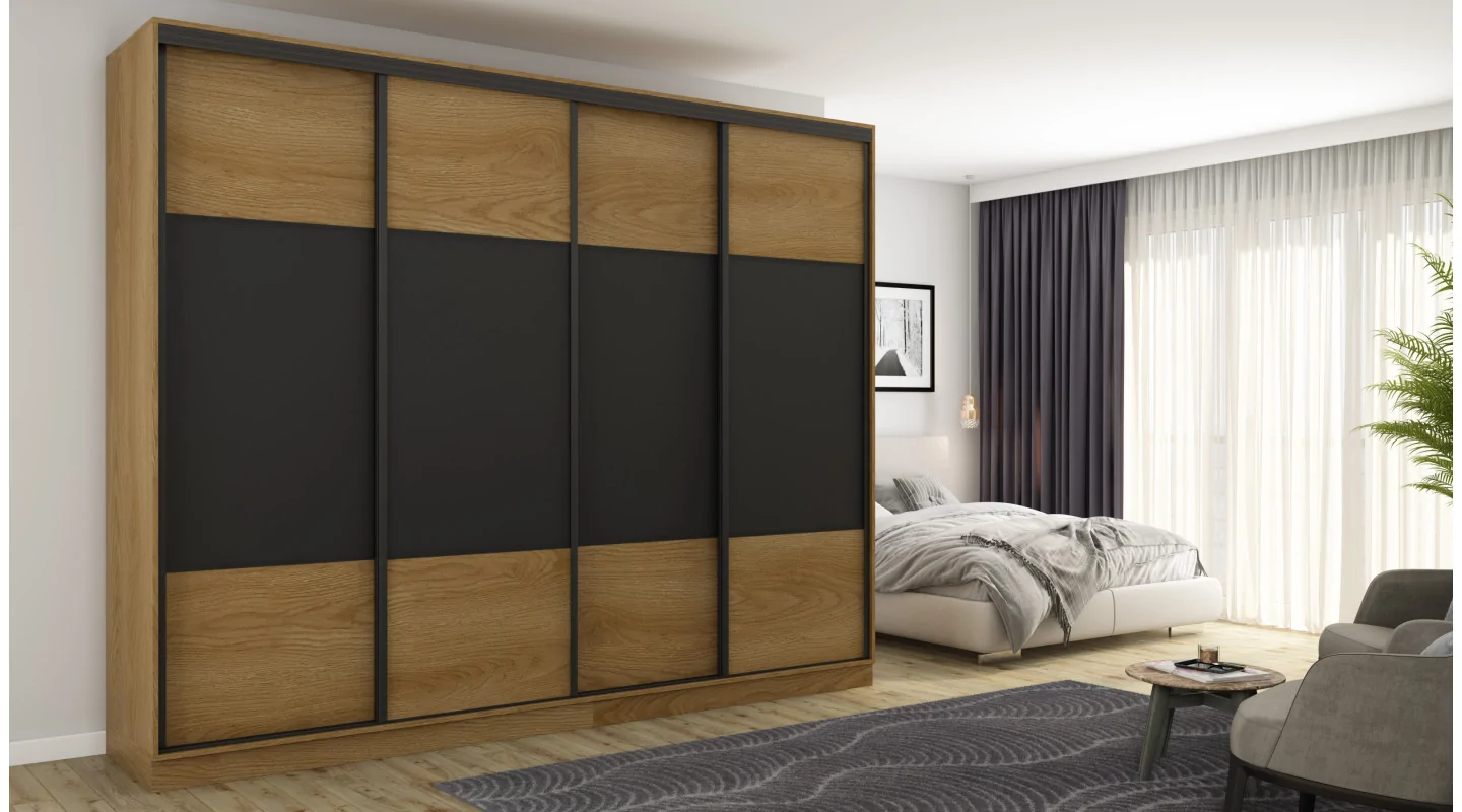 Szafa przesuwna 300x244 cm dąb karmel czarny - Grandero | eMeblast