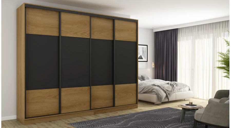 Szafa przesuwna 300x244 cm dąb karmel czarny - Grandero | eMeblast