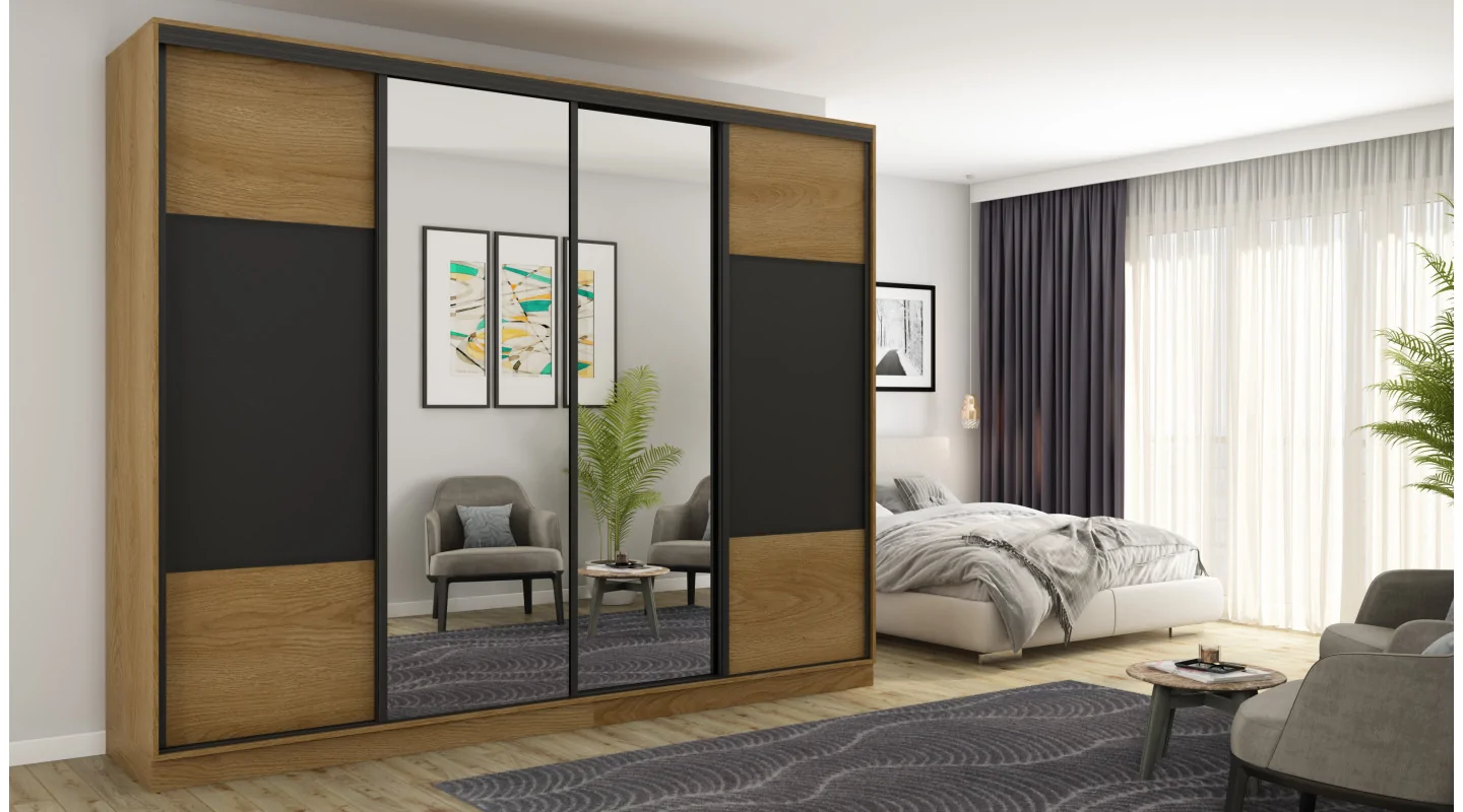Szafa przesuwna 300x244 cm dąb karmel czarny 2 lustra - Grandero | eMeblast