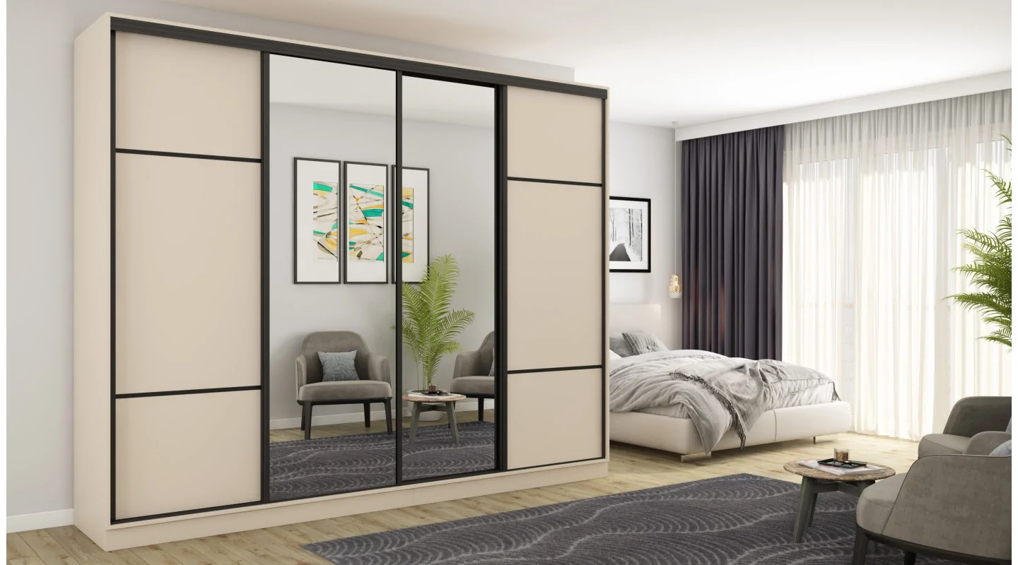 Szafa przesuwna 300x244 cm kość słoniowa 2 lustra - Grandero | eMeblast Szafa przesuwna 300x244 cm kość słoniowa 2 lustra - Grandero | eMeblast