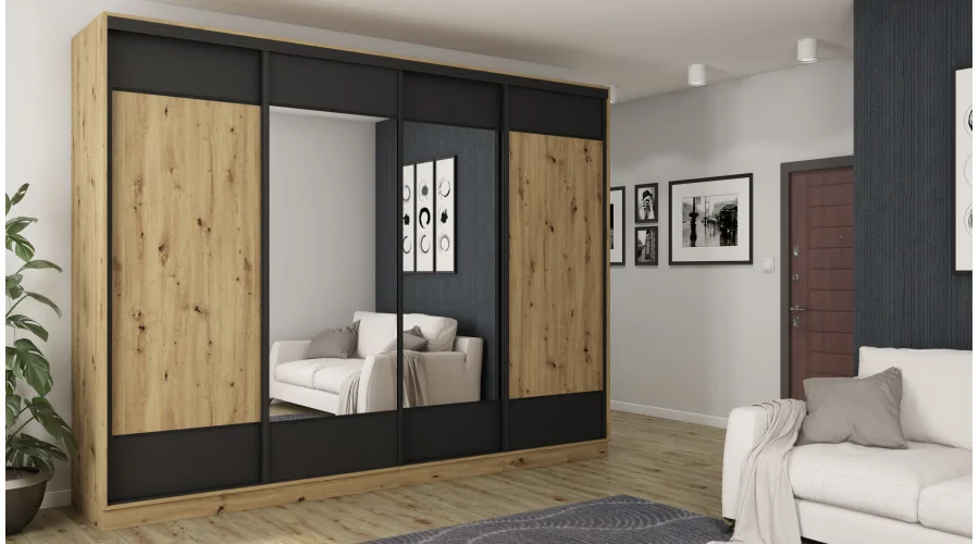 Szafa przesuwna 320x244 cm dąb artisan czarny 2 lustra - Varento | eMeblast