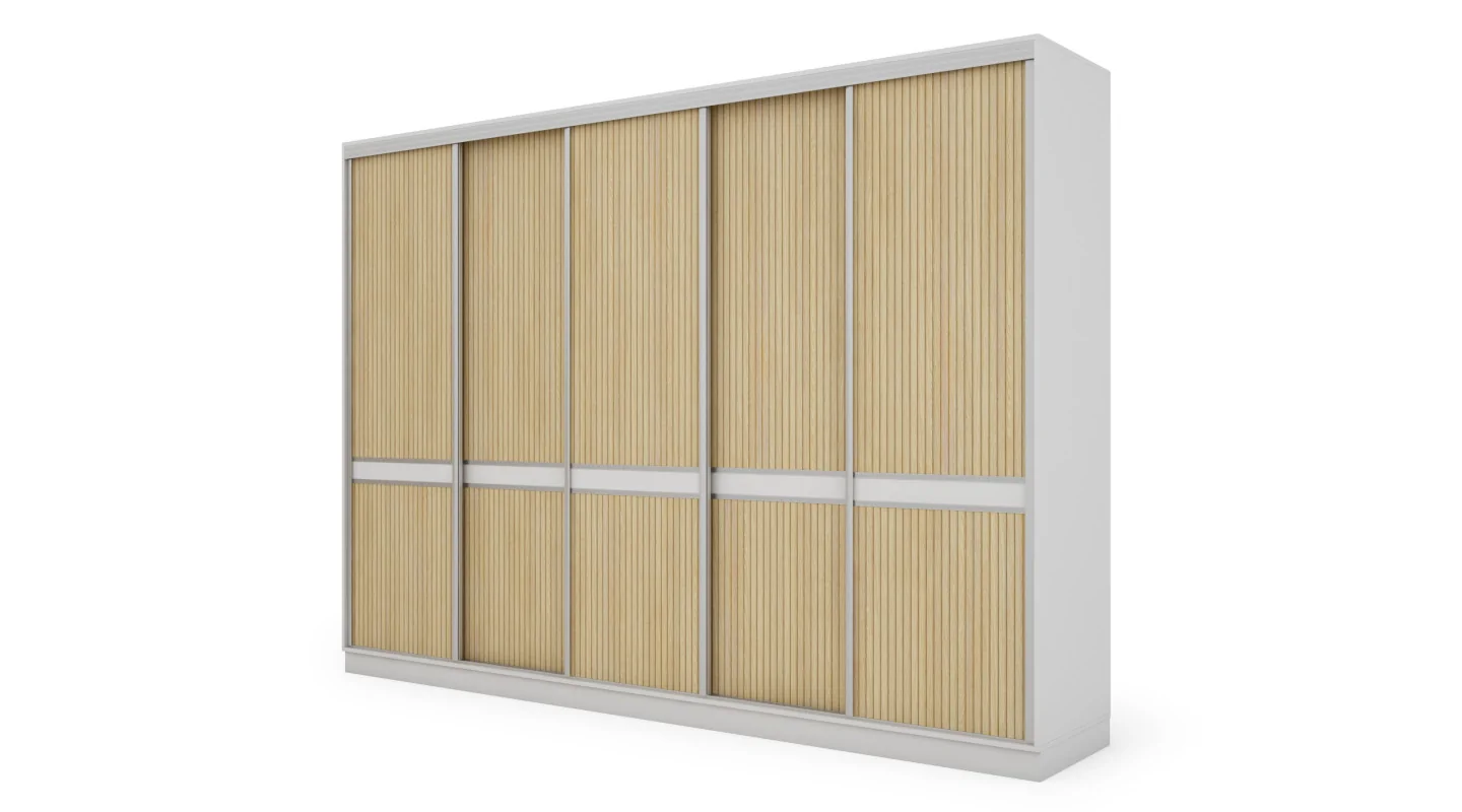 Szafa przesuwna 340x244 cm biel dąb gaja lamele - Morvello | eMeblast Szafa przesuwna 340x244 cm biel dąb gaja lamele - Morvello | eMeblast