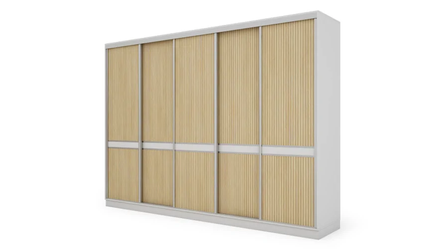 Szafa przesuwna 340x244 cm biel dąb gaja lamele - Morvello | eMeblast Szafa przesuwna 340x244 cm biel dąb gaja lamele - Morvello | eMeblast