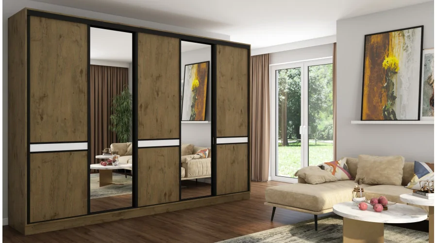 Szafa przesuwna 340x244 cm dąb lancelot 2 lustra - Morvello | eMeblast Szafa przesuwna 340x244 cm dąb lancelot 2 lustra - Morvello | eMeblast