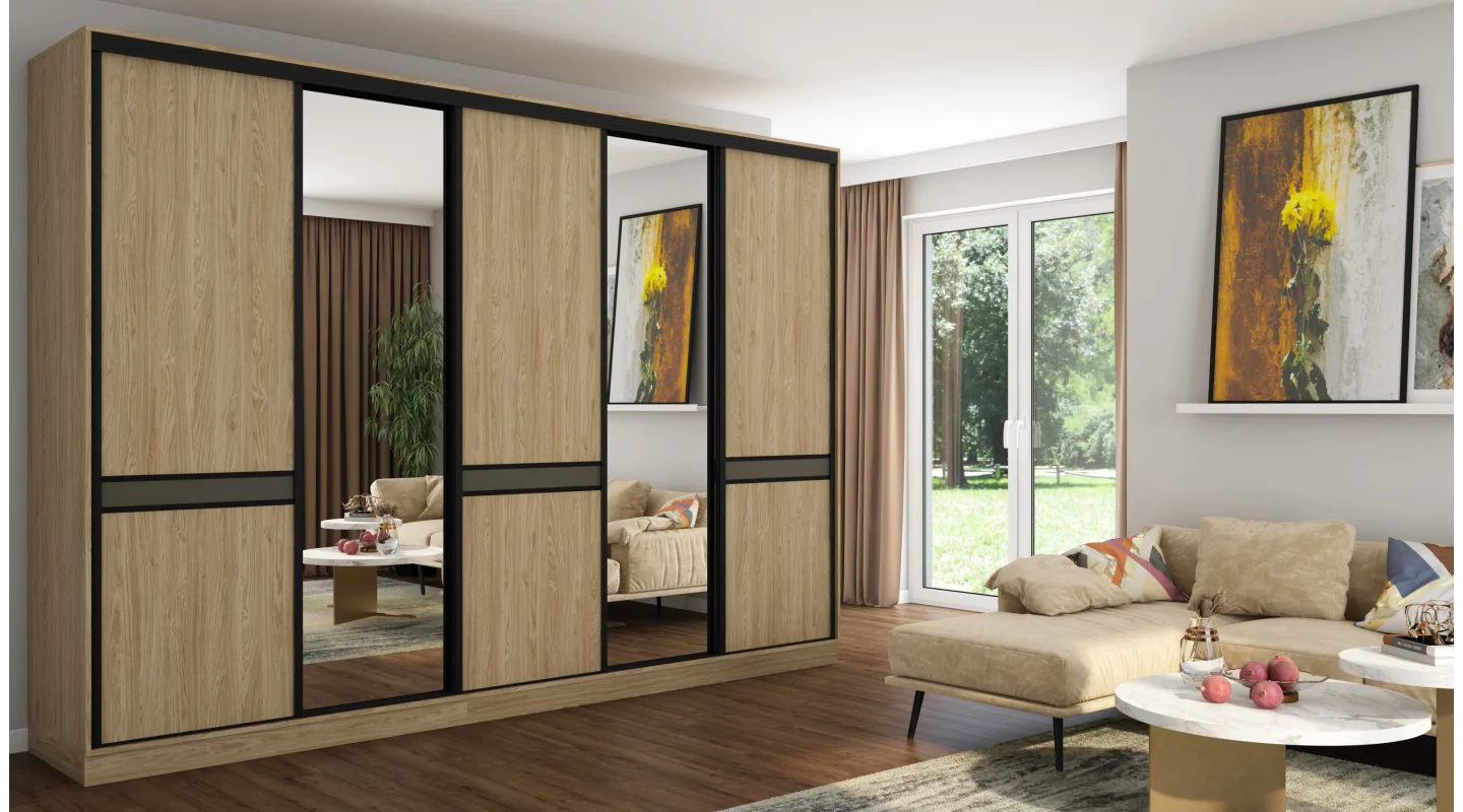Szafa przesuwna 340x244 cm dąb olejowany 2 lustra - Morvello | eMeblast
