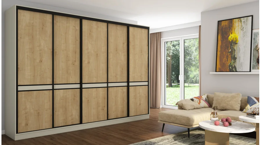 Szafa przesuwna 340x244 cm kaszmirowy beż dąb hamilton z pantografem, wieszakami na spodnie i dodatki, 3 drążkami oraz szufladam