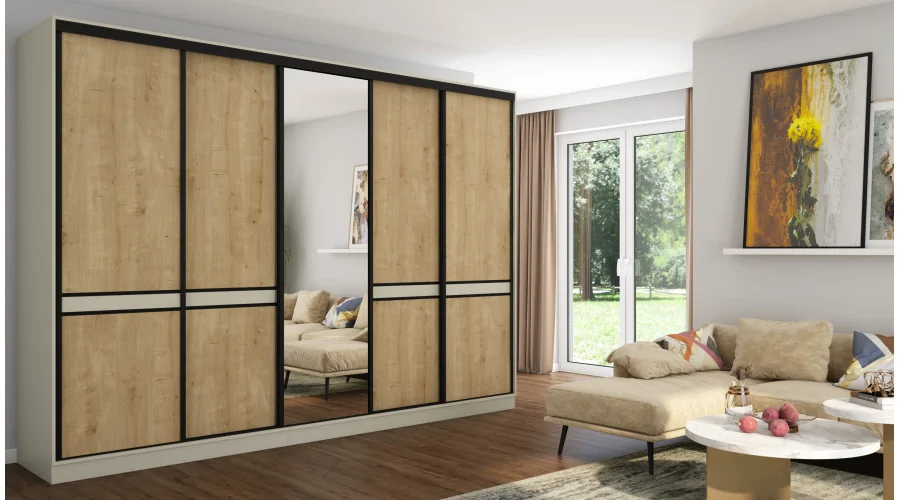 Szafa przesuwna 340x244 cm kaszmirowy beż dąb hamilton 2 lustra - Morvello | eMeblast