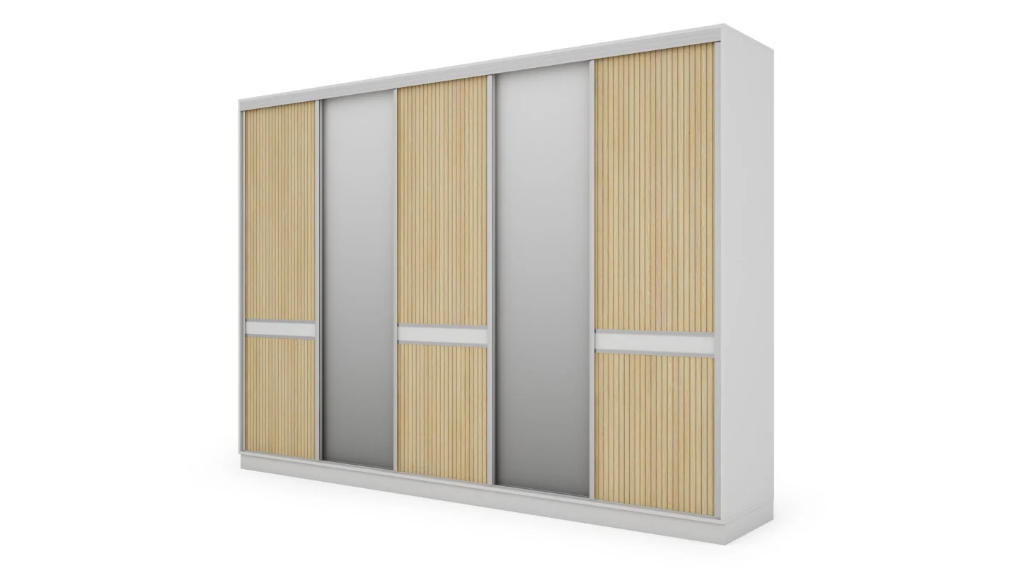 Szafa przesuwna 340x244 cm biel dąb gaja lamele 2 lustra - Morvello | eMeblast