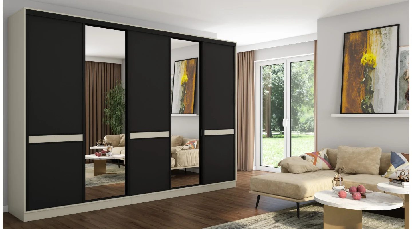 Szafa przesuwna 340x244 cm kaszmirowy beż czarny 2 lustra - Morvello | eMeblast Szafa przesuwna 340x244 cm kaszmirowy beż czarny 2 lustra - Morvello | eMeblast