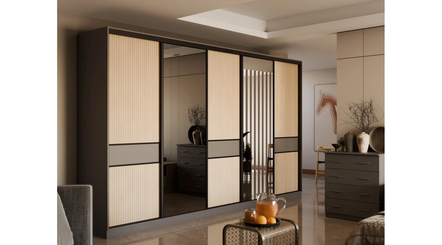 Szafa przesuwna 360x244 cm szary grafit dąb gaja lamele 2 lustra - Torvello | eMeblast