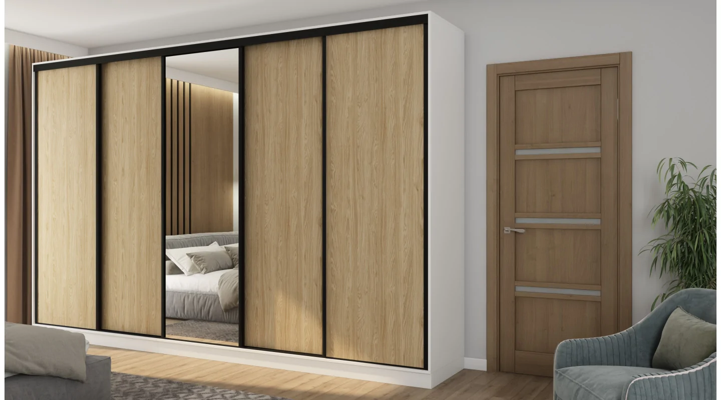 Szafa przesuwna 380x244 cm biel /dąb olejowany z lustrem - Navero | eMeblast