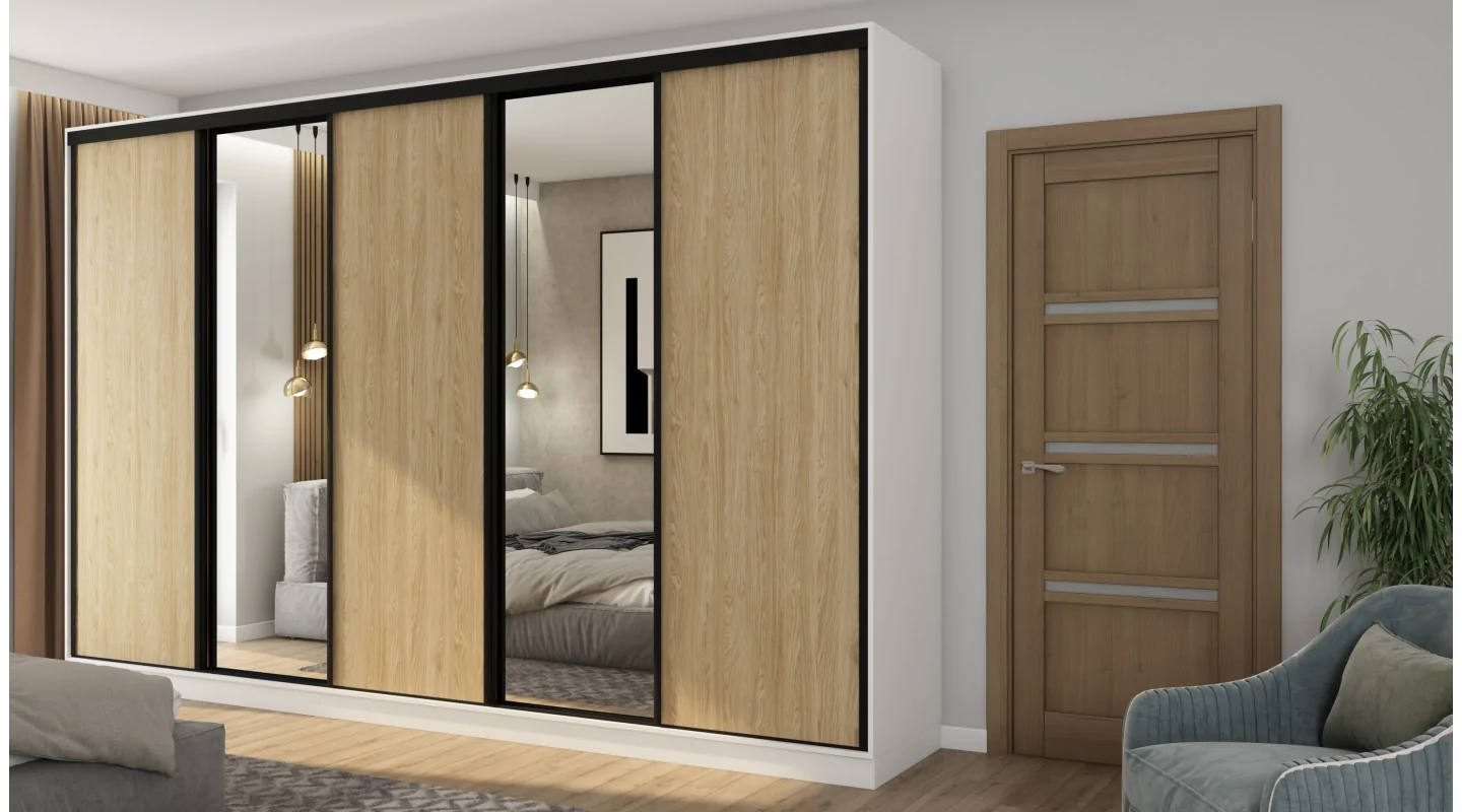 Szafa przesuwna 380x244 cm biel /dąb olejowany 2 lustra - Navero | eMeblast Szafa przesuwna 380x244 cm biel /dąb olejowany 2 lustra - Navero | eMeblast