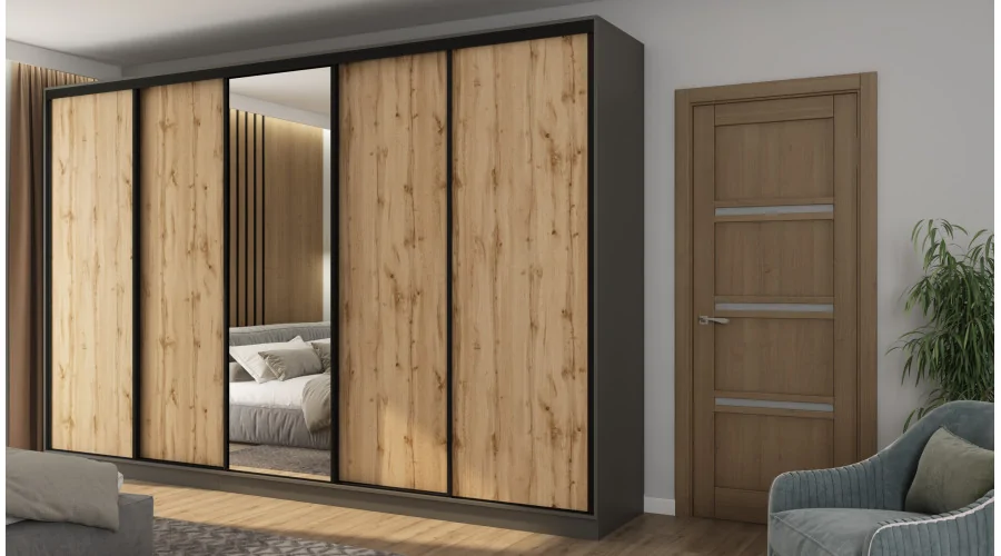Szafa przesuwna 380x244 cm szary grafit /dąb wotan z lustrem - Navero | eMeblast